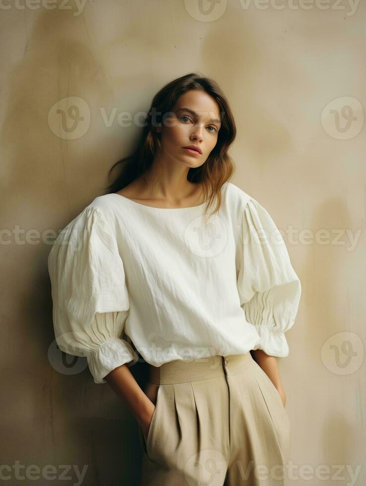 AI generated A woman wearing a white blouse and beige pants, standing against a light beige, luxurious texture wall photo