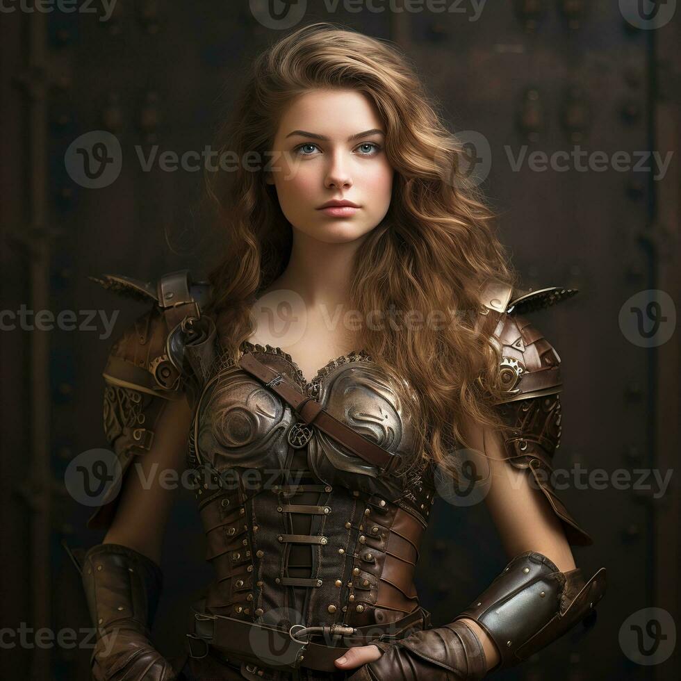 AI generated A young and bold woman with steampunk armor standing against a backdrop of an old, riveted door photo