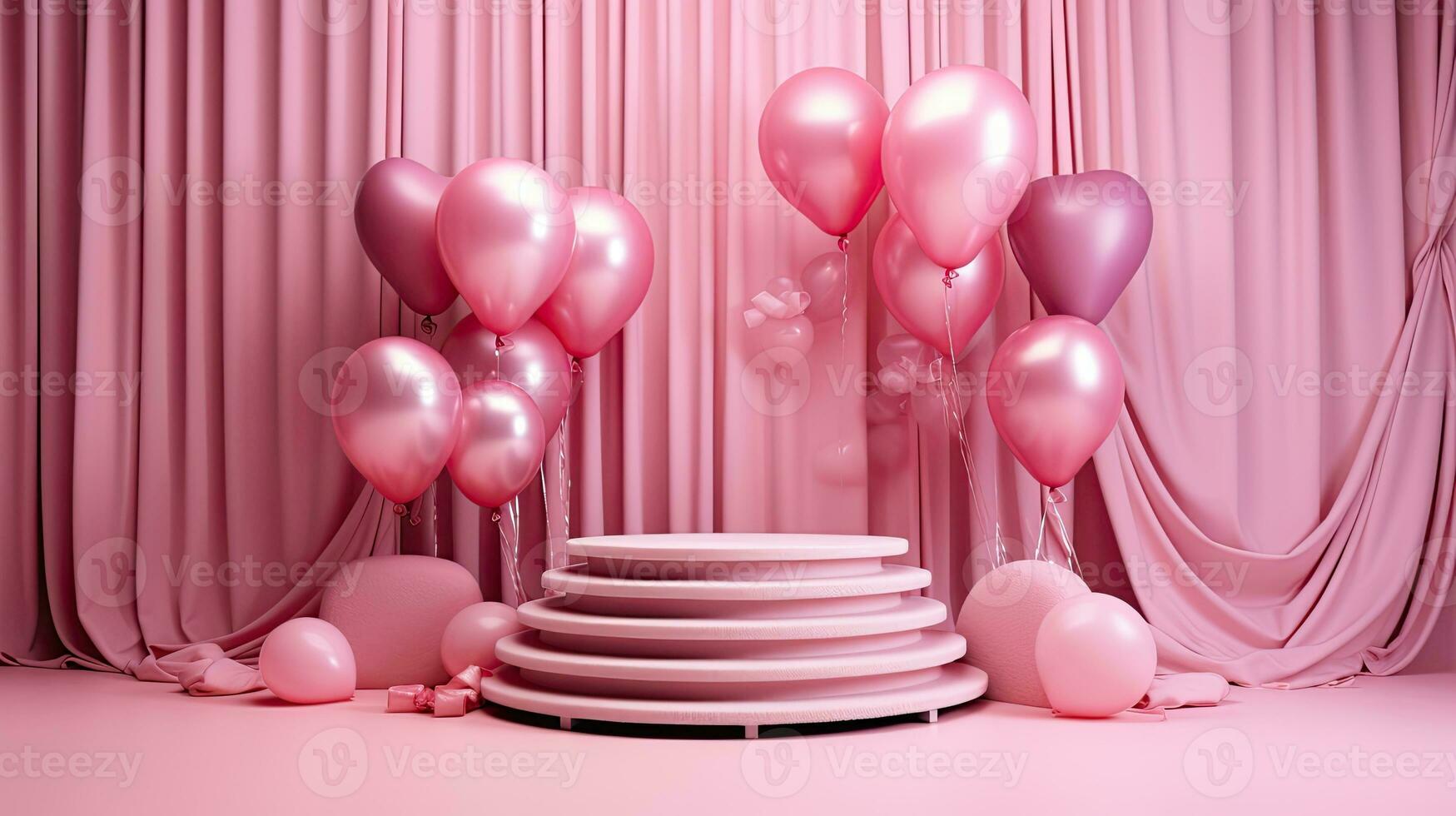 AI generated Pink product podium with balloon on the curtain background AI Generative photo
