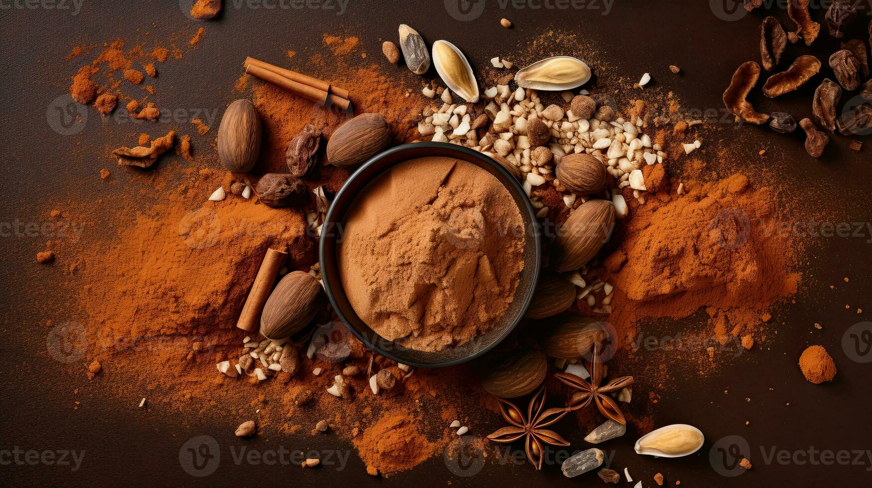 AI generated Top view cocoa powder with cocoa bean AI Generative photo