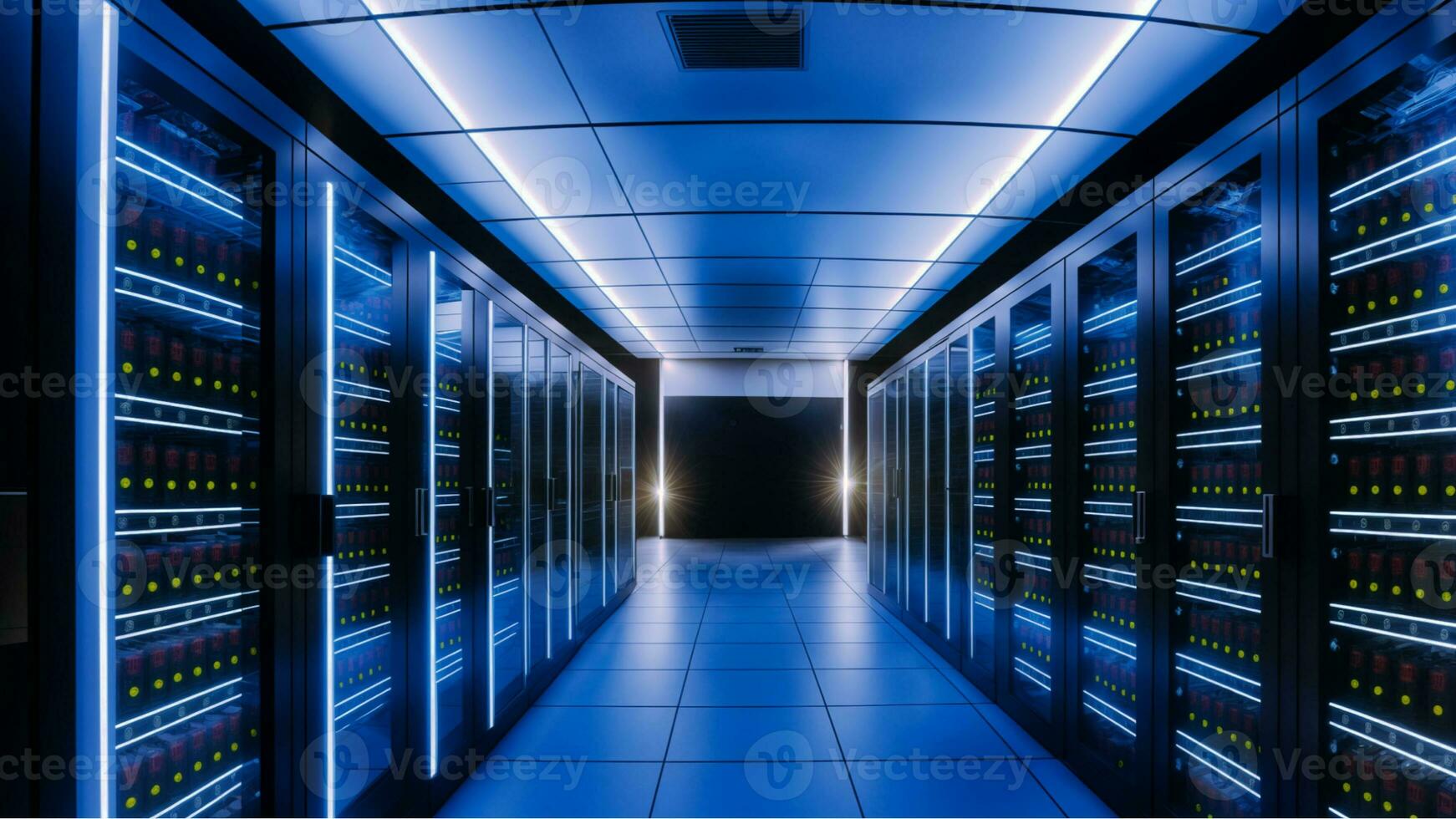 AI generated A panoramic view of a data center filled with rows of servers, bathed in a soft, cool light. photo