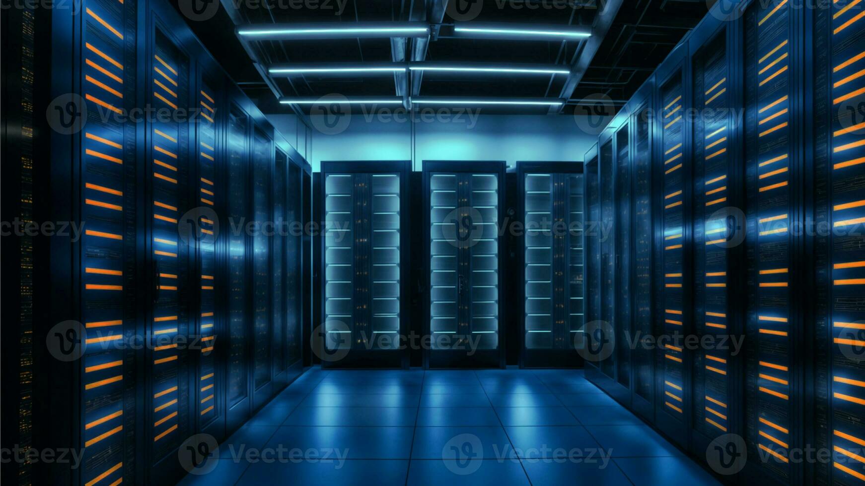AI generated A panoramic view of a data center filled with rows of servers, bathed in a soft, cool light. photo