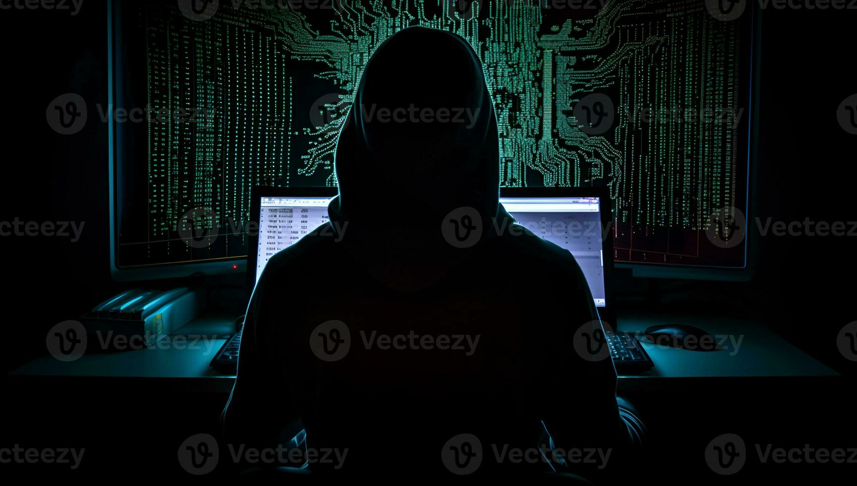 AI generated hacker hacking wearing hoodie photo