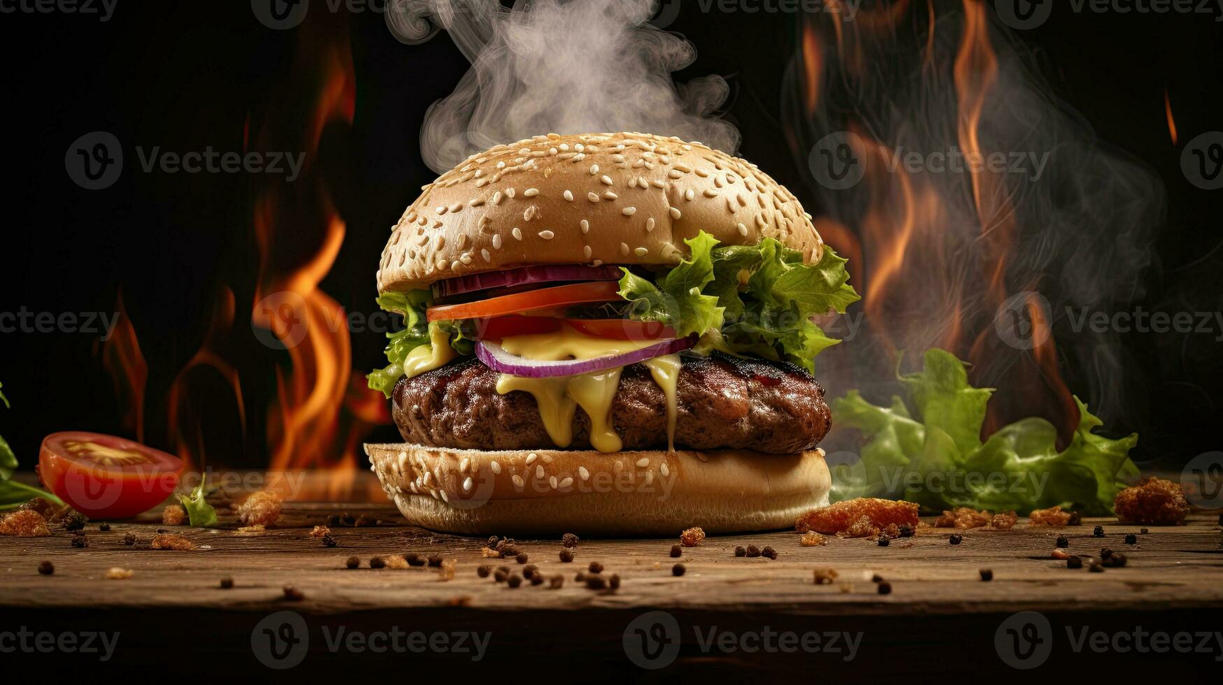 AI generated Delicious and juicy burger on the table AI Generative photo