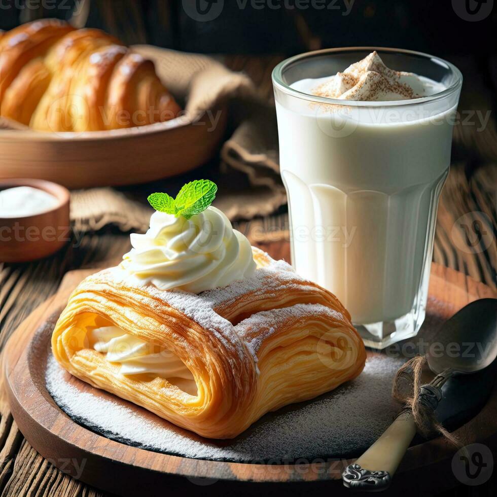 ai generado cremoso Pastelería con un vaso de Leche ai generativo foto