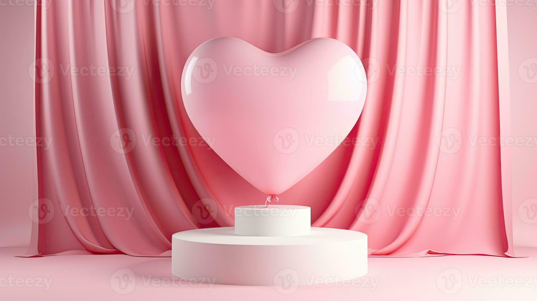 AI generated Pink heart balloon with podium on the curtain background AI Generative photo