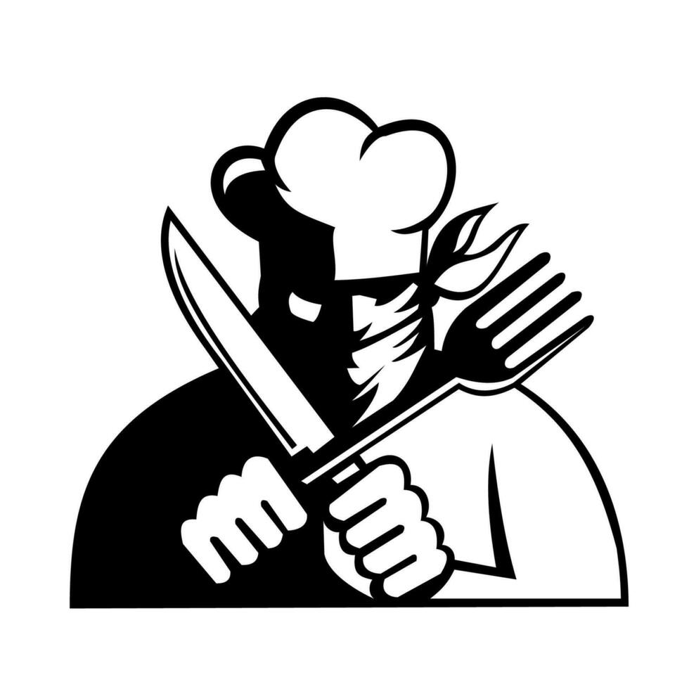 Chef Cook Baker Bandit Wearing Face Mask Holding Knife and Fork Front View Mascot vector