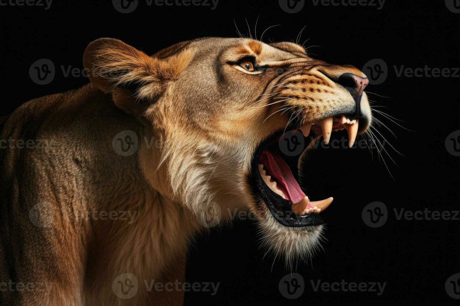 AI generated Close-up of an angry roaring lion ready to attack. Generative AI photo