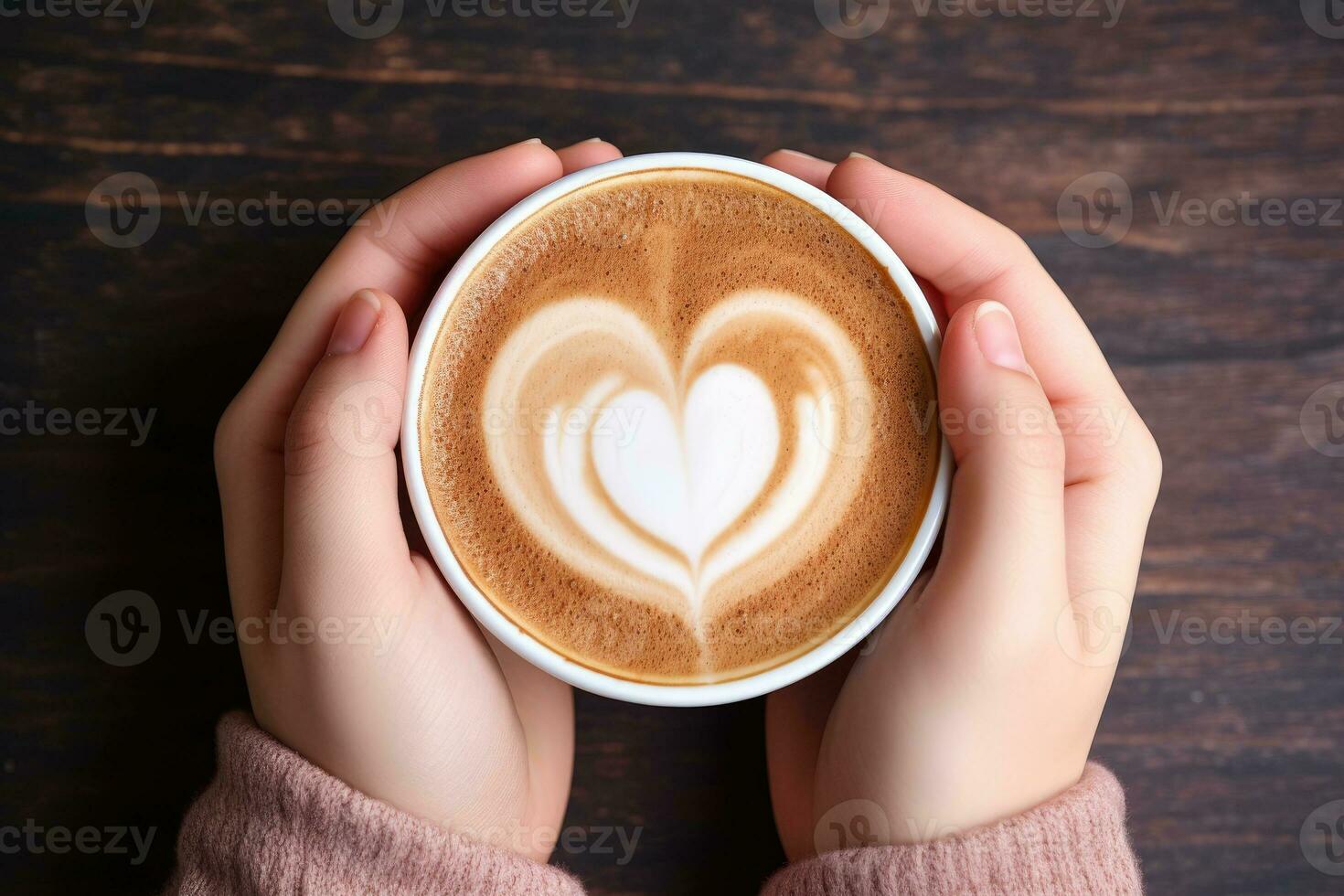 AI generated Female hands holding a cup of coffee with heart foam . Hot coffee with a heart. ai generative photo