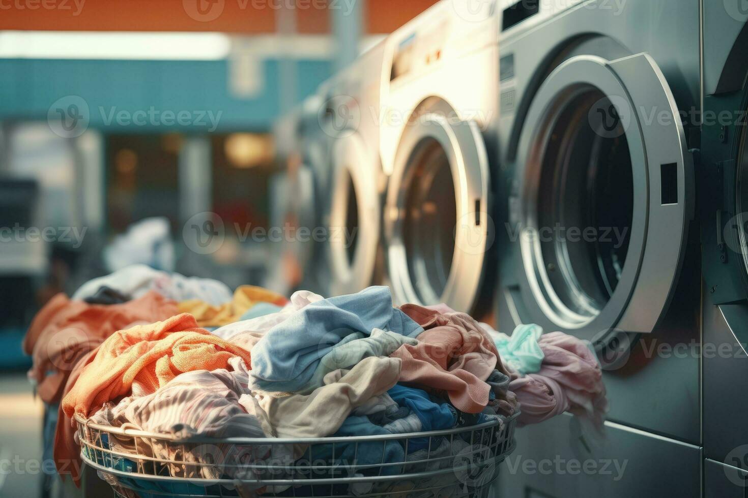 AI generated clothes in basket at laundry shop with Modern washing machine .Generative AI photo