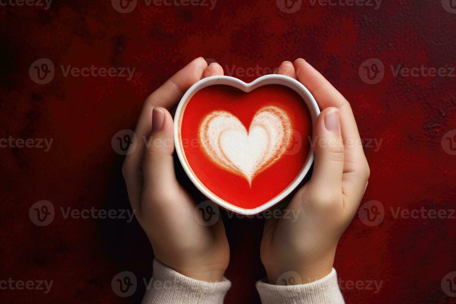 AI generated Female hands holding a cup of coffee with heart foam . Hot coffee with a heart. ai generative photo