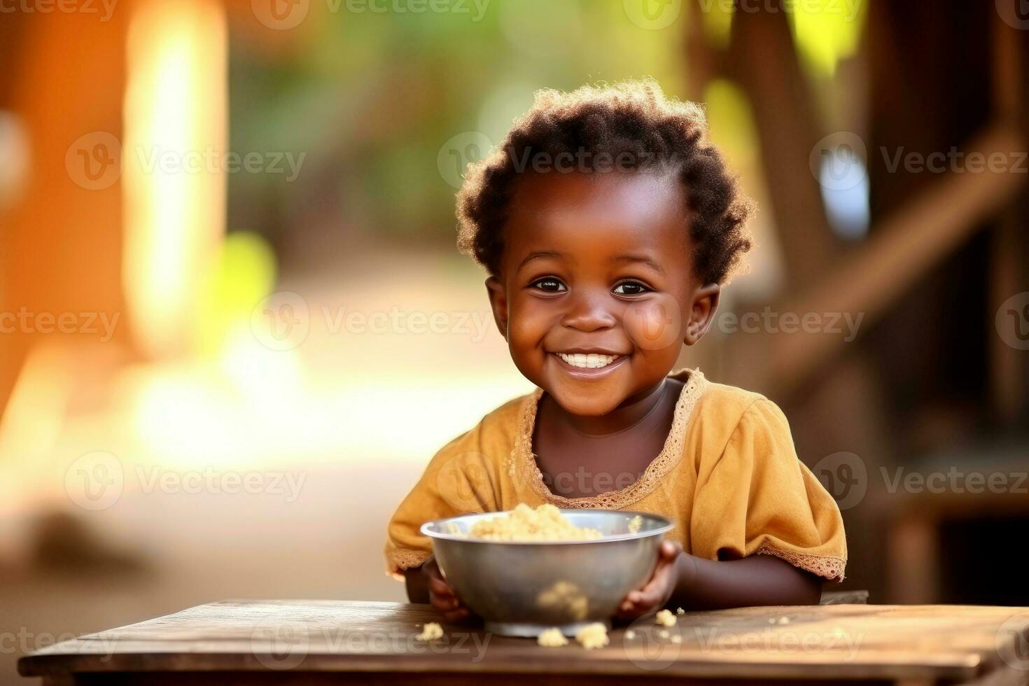 AI generated African child smiling and eating a plate full of food. Generative AI photo