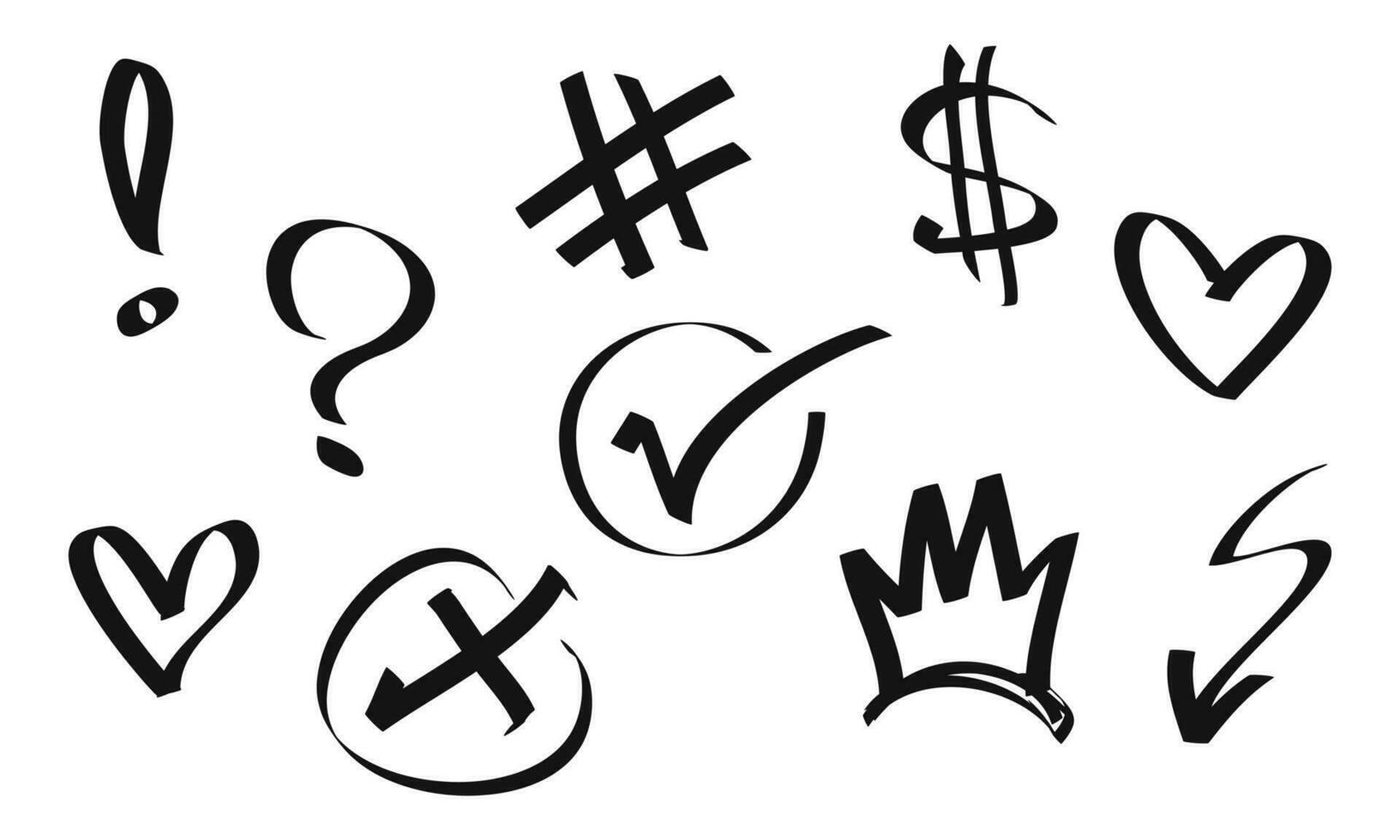 Hand drawn set of doodle emphasis elements. dollar, check mark, crown, love, arrow. isolated on white background. vector illustration