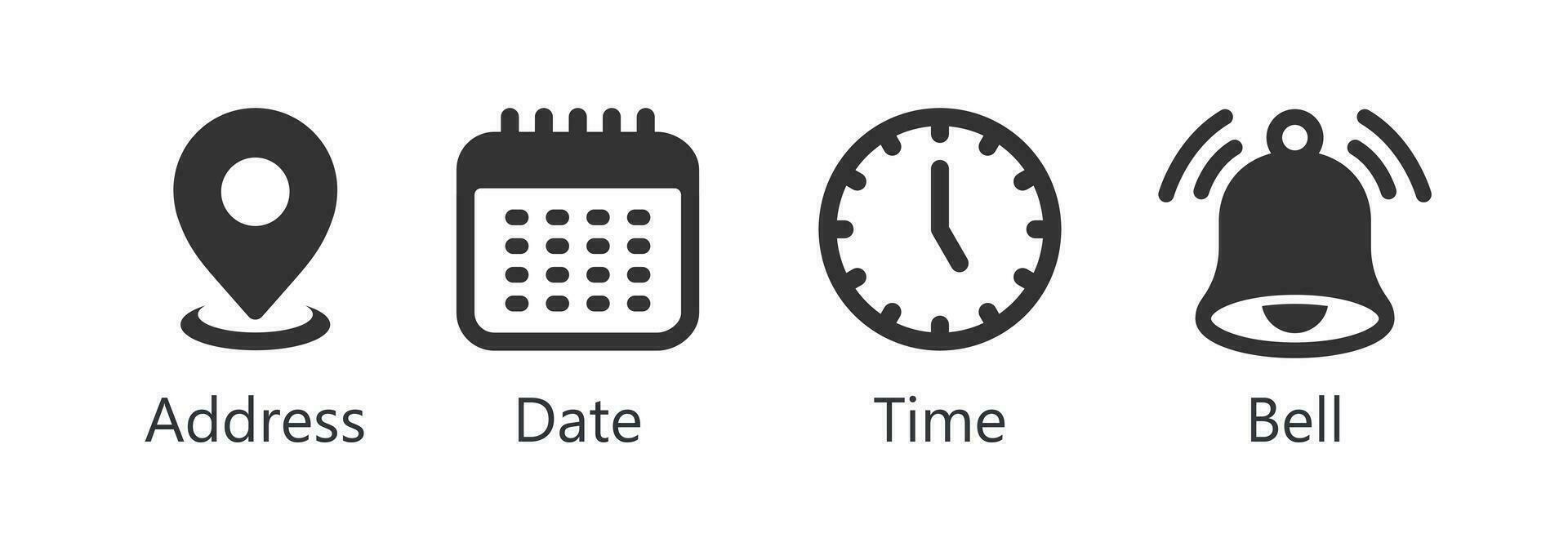 Place, Time, Date and Notification line icons. Calendar, address location pointer and alarm bell. Notice alert, business schedule and office time clock. Location place, date reminder. Vector