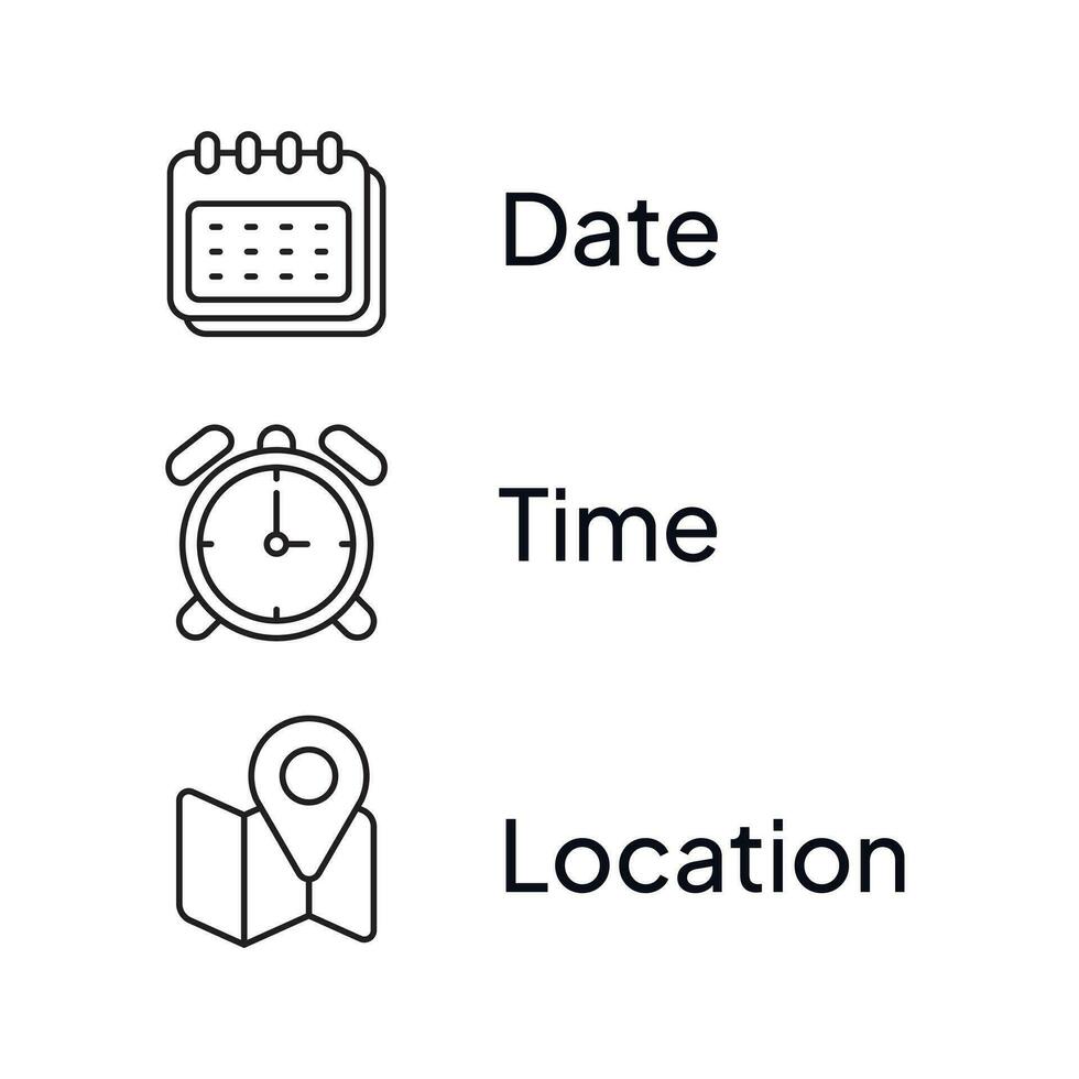 set date, time and location Icons for graphic design.Isolated on a White Background. Illustration icon. vector