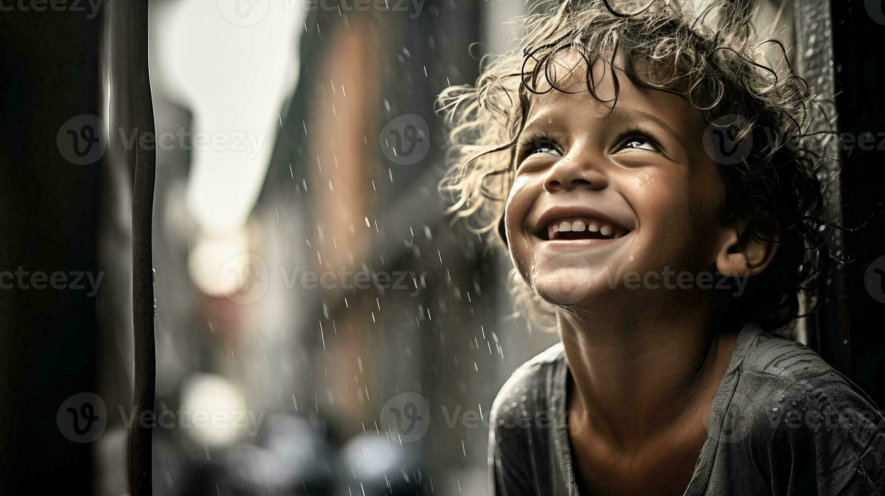 AI generated Little Boy Enjoying the Rain photo