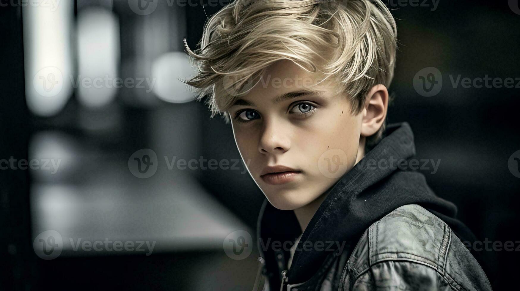 AI generated Boy with Blonde Hair in a Black Jacket photo