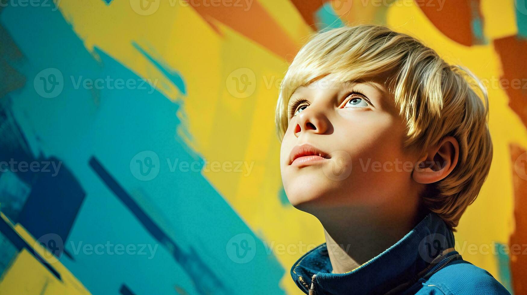 ai generado un joven chico poses en frente de un vibrante pared foto