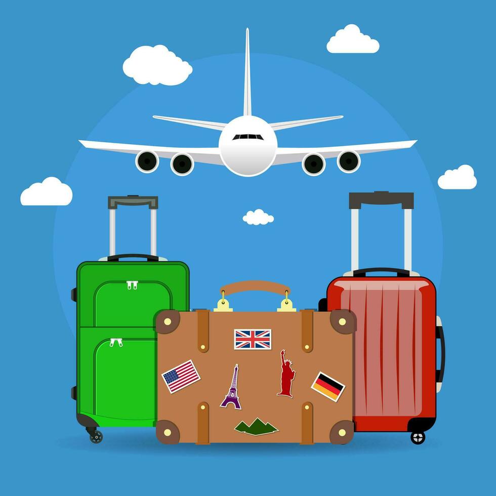 three Travel bag with clouds and plane vector