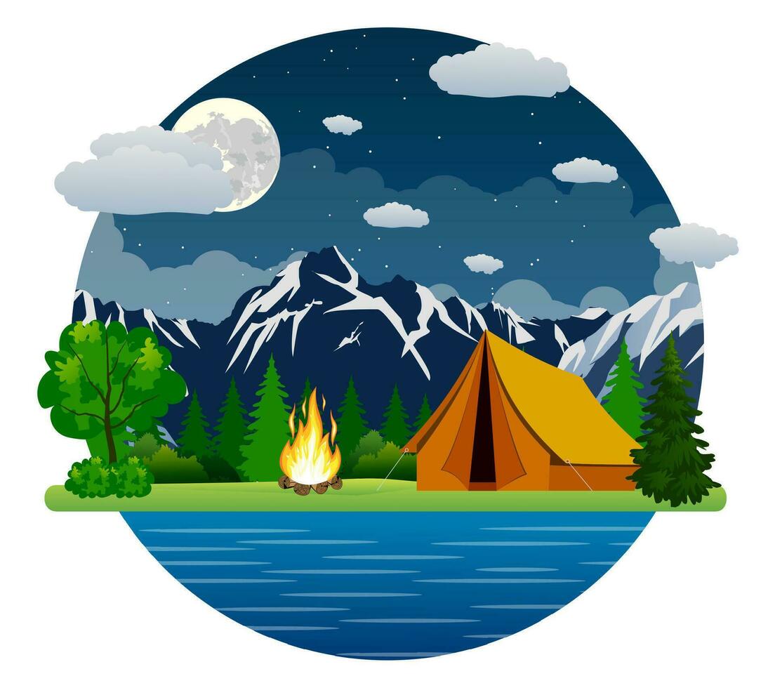 Summer landscape tent and bonfire vector