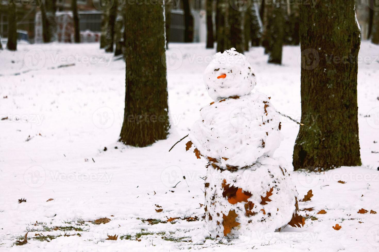 Old dirty snowman with carrot nose covered in fallen brown leaves standing between the trees photo