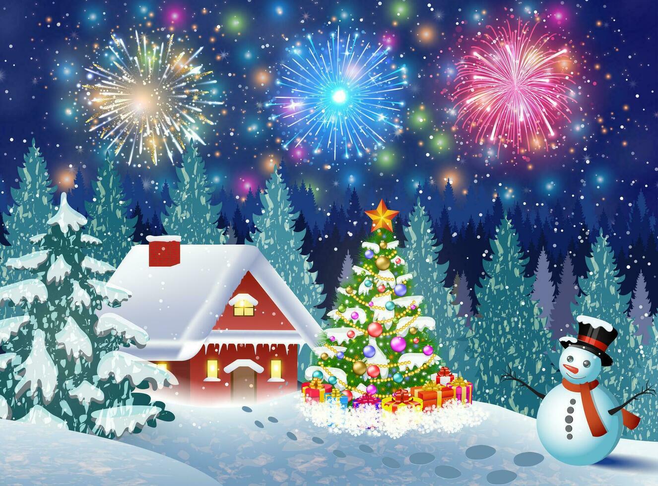 house in snowy Christmas landscape at night vector