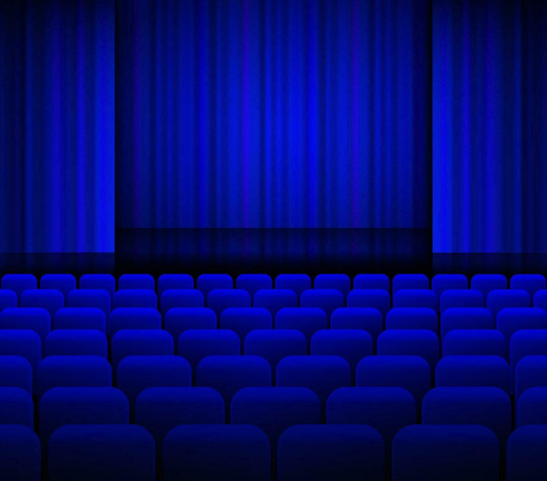 Open theater blue curtains with light and seats. vector
