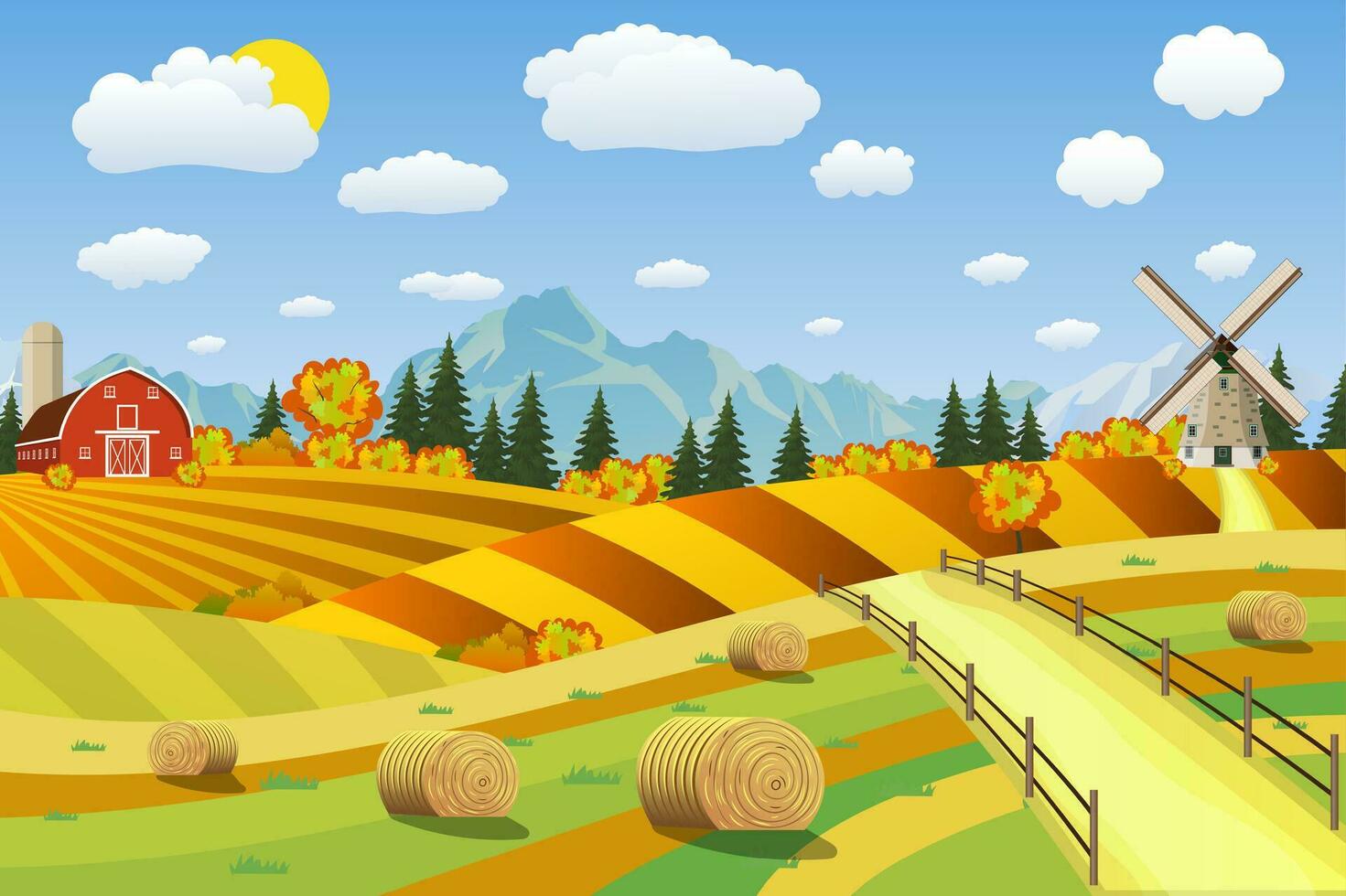 Countryside landscape with haystacks on fields. vector