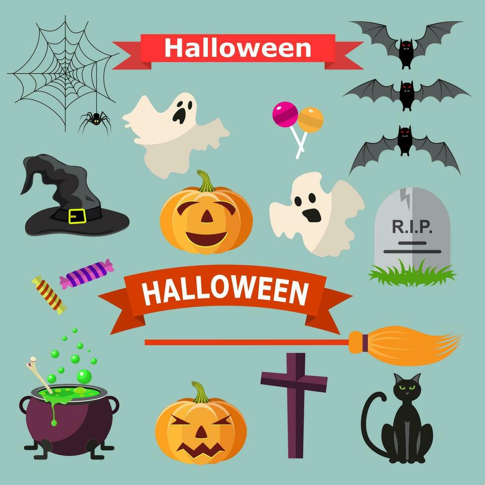 Set of Halloween ribbons and characters. vector