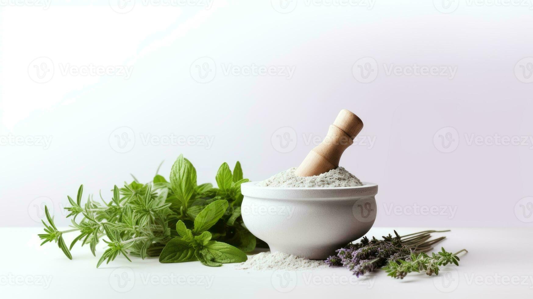 AI generated a mortar and pestle with herbs and spices on a white background. photo