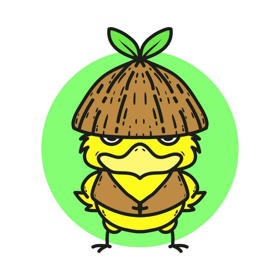 Cute Little Chick Wearing Coconut Hat Vector Illustration