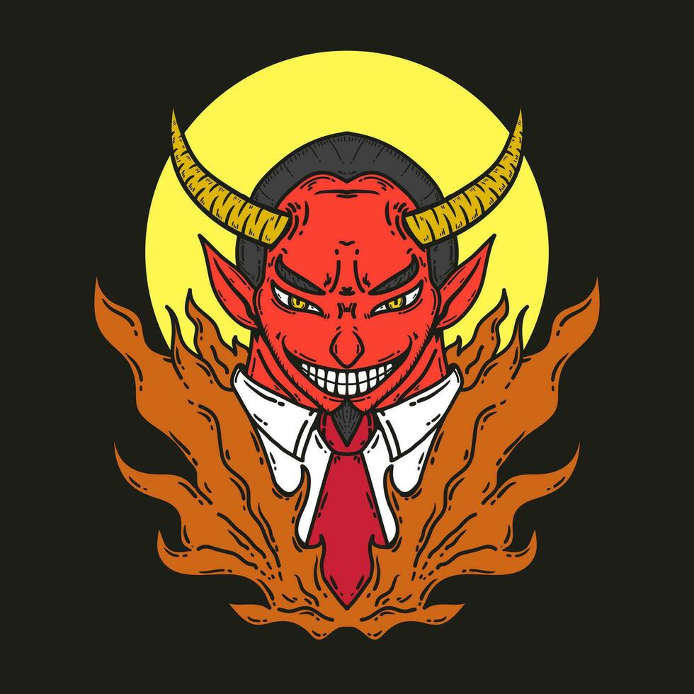 Cool Devil Head and Fire Vector Illustration