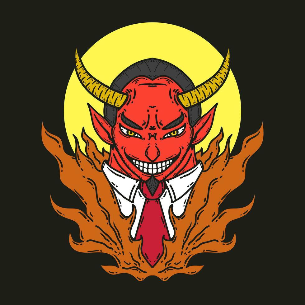 Cool Devil Head and Fire Vector Illustration