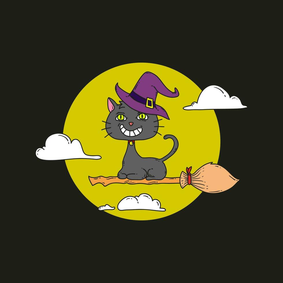 Witch Cat Riding On Broom Stick Vector Illustration