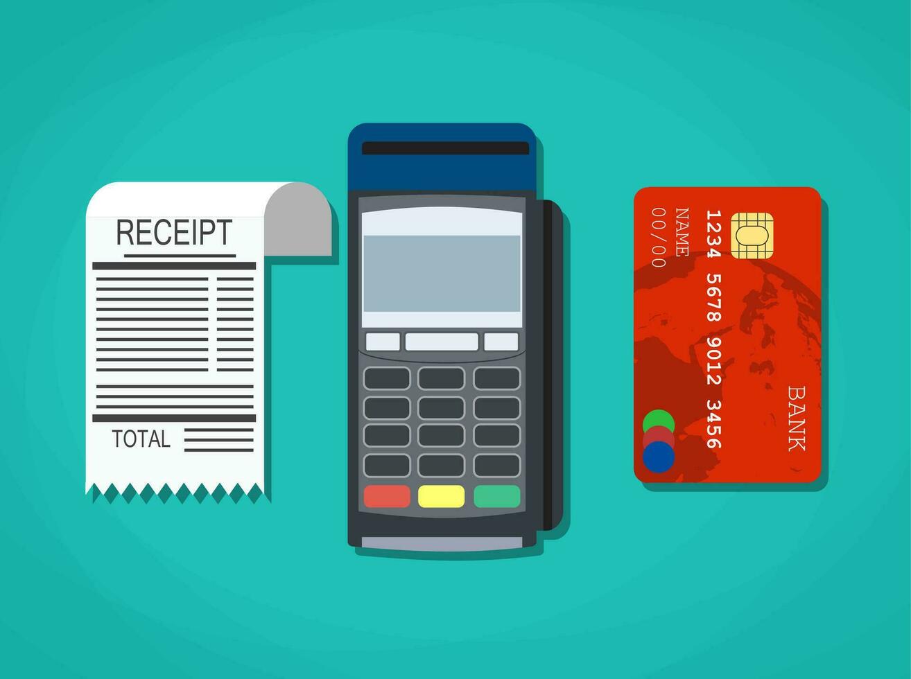 pos terminal, paper receipt and debit credit vector