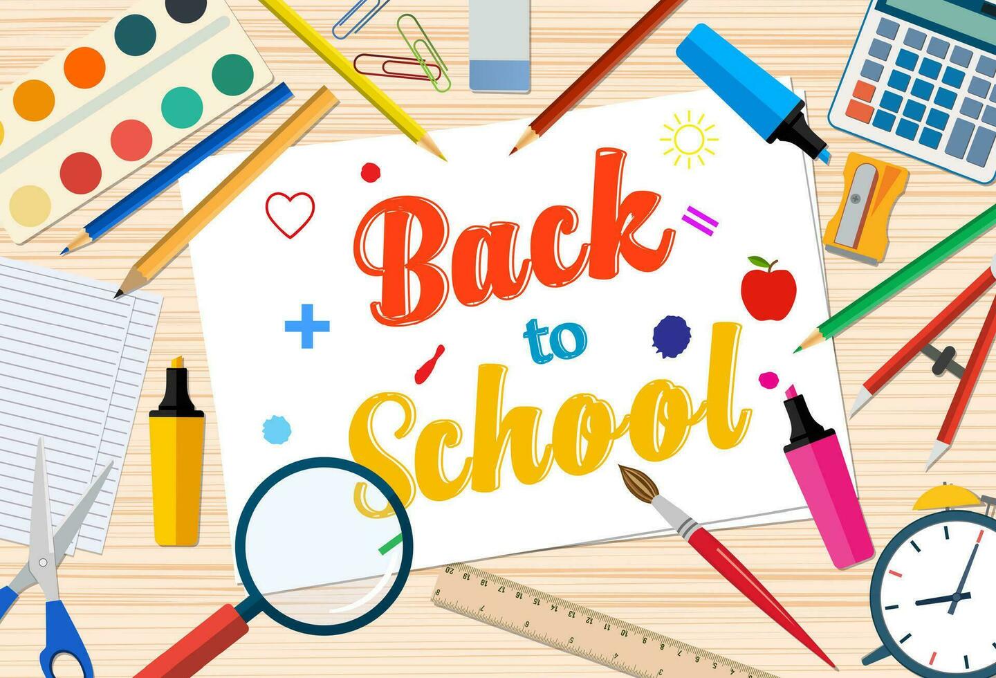 Welcome Back to school template with office supplies on desktop vector