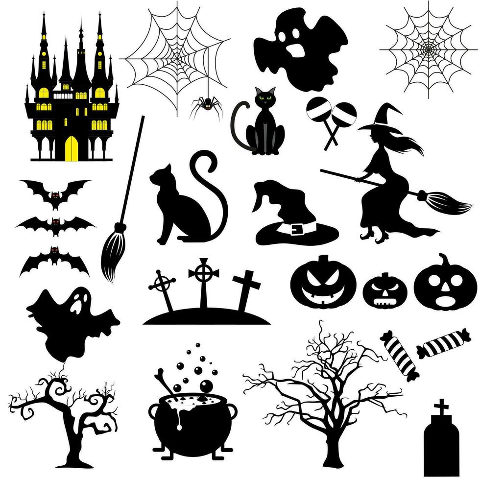 Halloween black and white icons set. vector