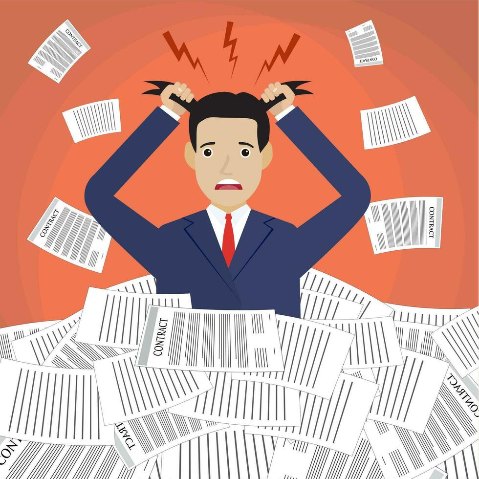 Stressed cartoon businessman in pile of papers vector