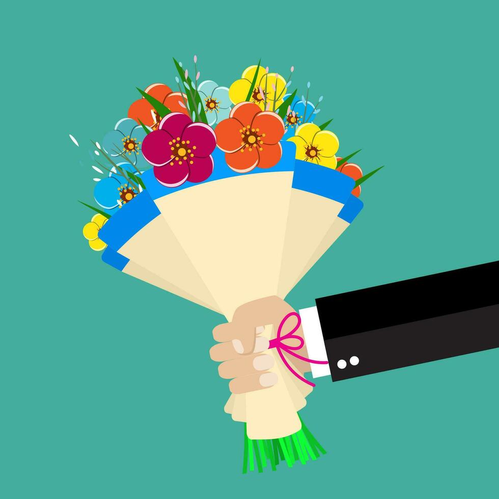 cartoon businessman hand holding bouquet flowers vector