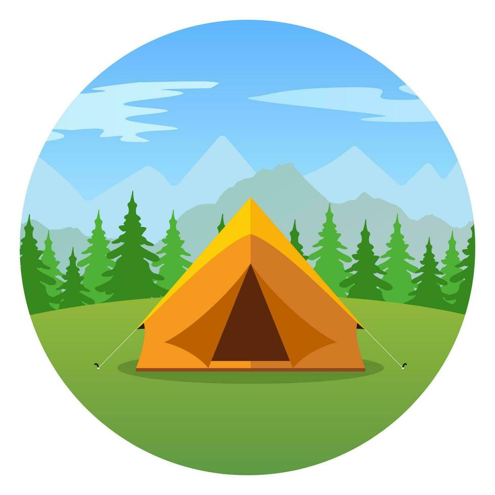 Cartoon tent in a landscape of mountains icon. vector