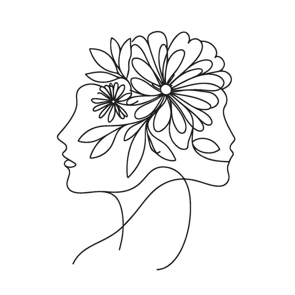 2 Face With Flowers Minimalistic Line Art vector