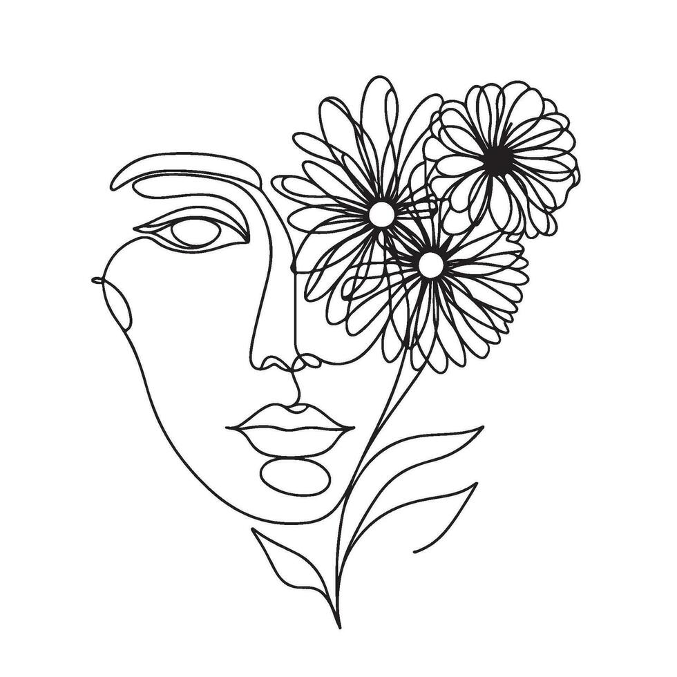 Minimalistic Face With Flowers Line Art vector