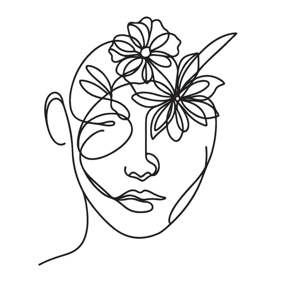 Minimalistic Face With Flowers Line Art vector