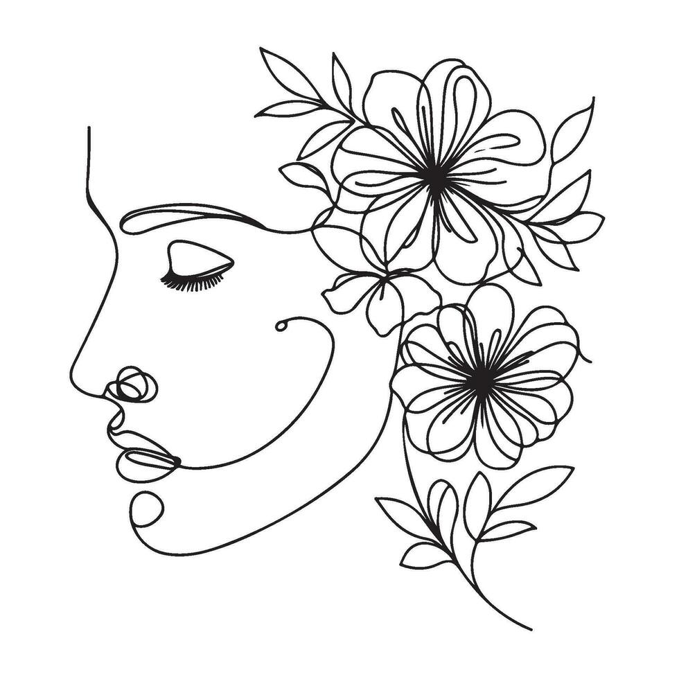 Minimalistic Woman's Face With Flowers Line Art vector