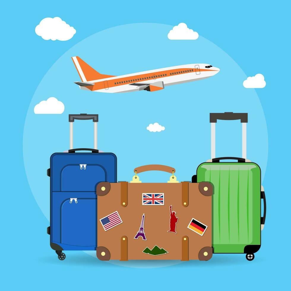 three Travel bag with clouds and plane vector