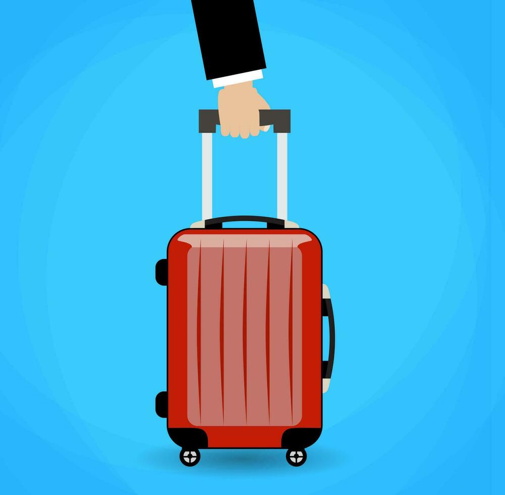 Hand holding red travel bag. vector