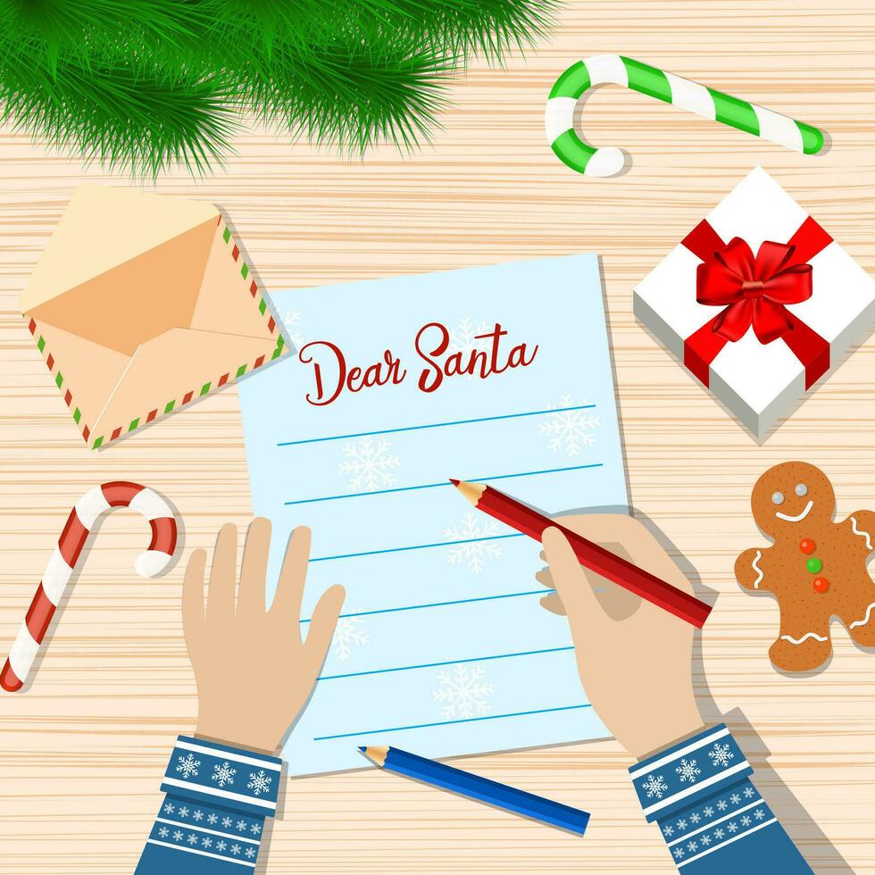 Child Hand with pen Writing letter to santa claus. vector