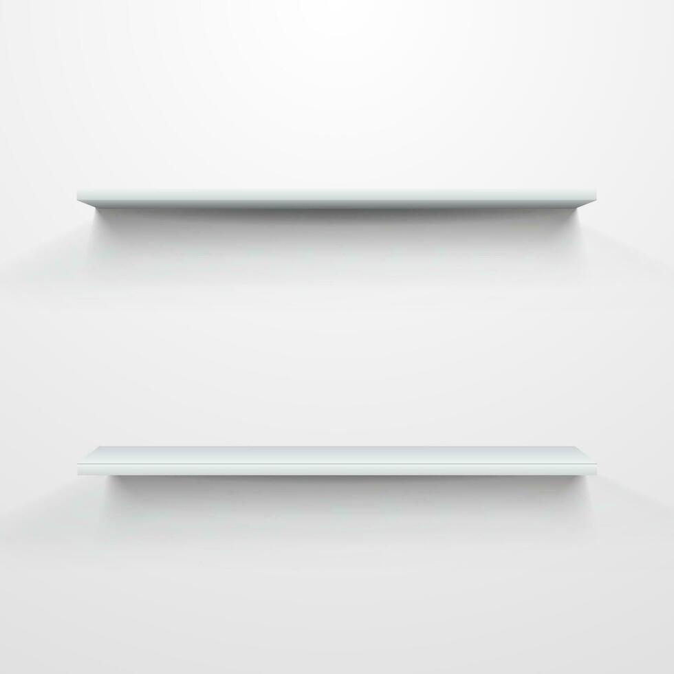 Empty white shelves on light grey background. vector