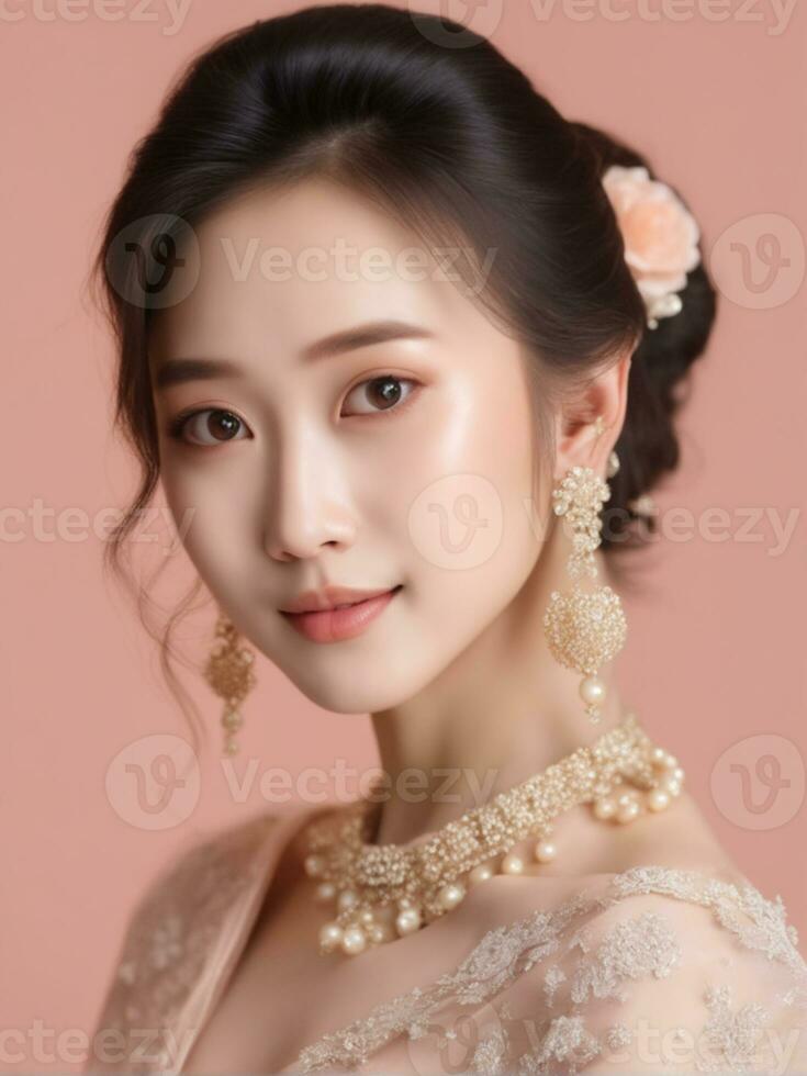 AI generated Beautiful woman  on peach background photo