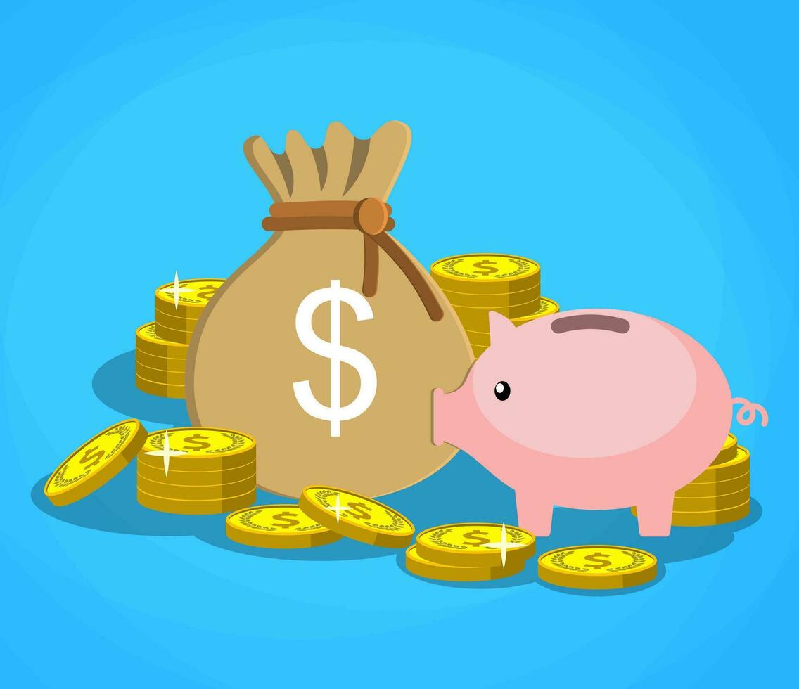 piggy bank with golden coins and bag of money vector